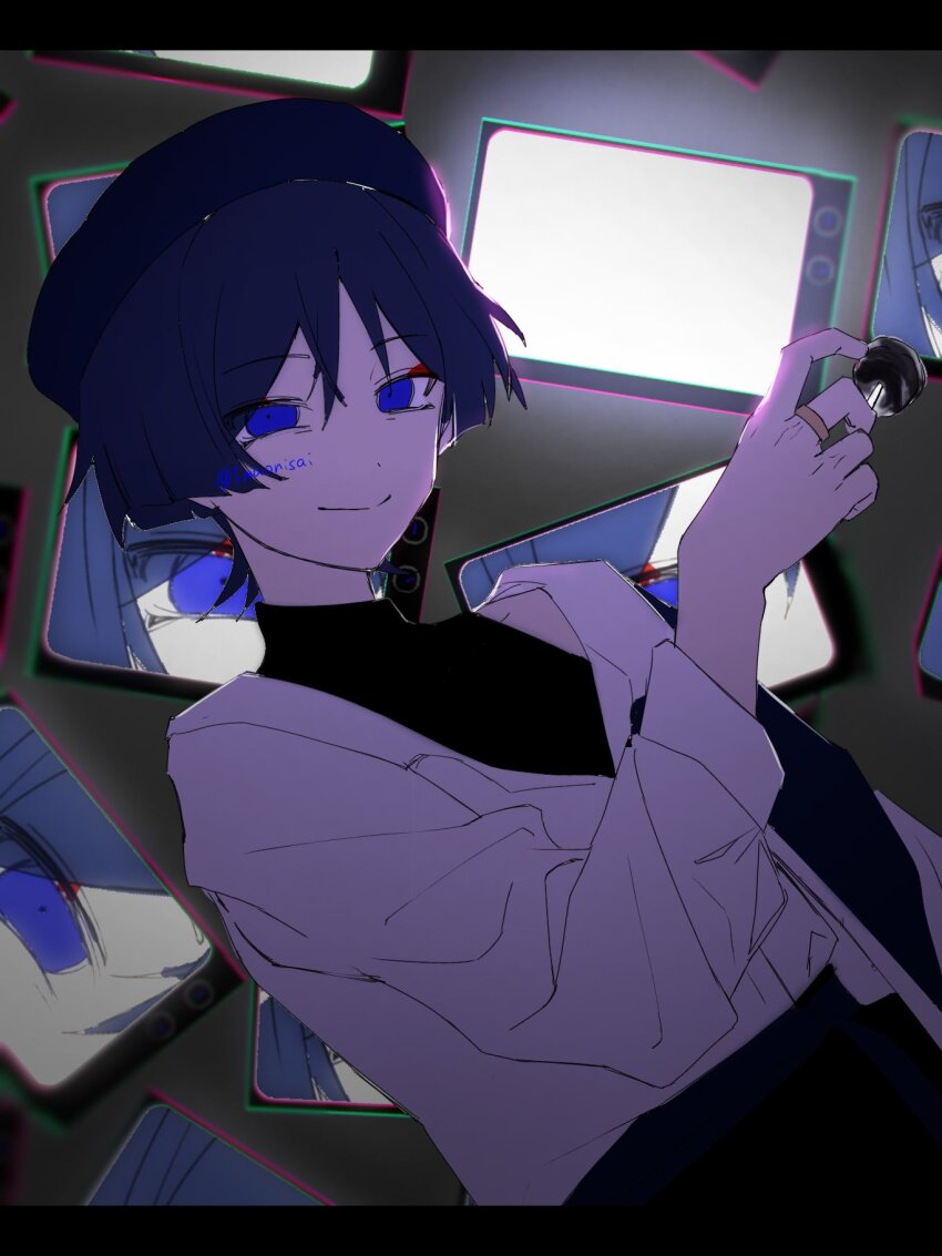 1boy alternate_costume beret black_bodysuit black_hair black_hat blunt_ends bodysuit candy casual closed_mouth contemporary dutch_angle eyeliner eyeshadow food genshin_impact gold_ring hand_up hat highres holding holding_candy holding_food holding_lollipop imaonisai lollipop makeup male_focus middle_ring official_alternate_costume purple_eyes red_eyeliner red_eyeshadow scaramouche_(genshin_impact) shirt shoulder_peek smile solo split_mouth television three_quarter_view turtleneck turtleneck_bodysuit twitter_username wanderer_(genshin_impact) wanderer_(wanderer_impression)_(genshin_impact) white_shirt