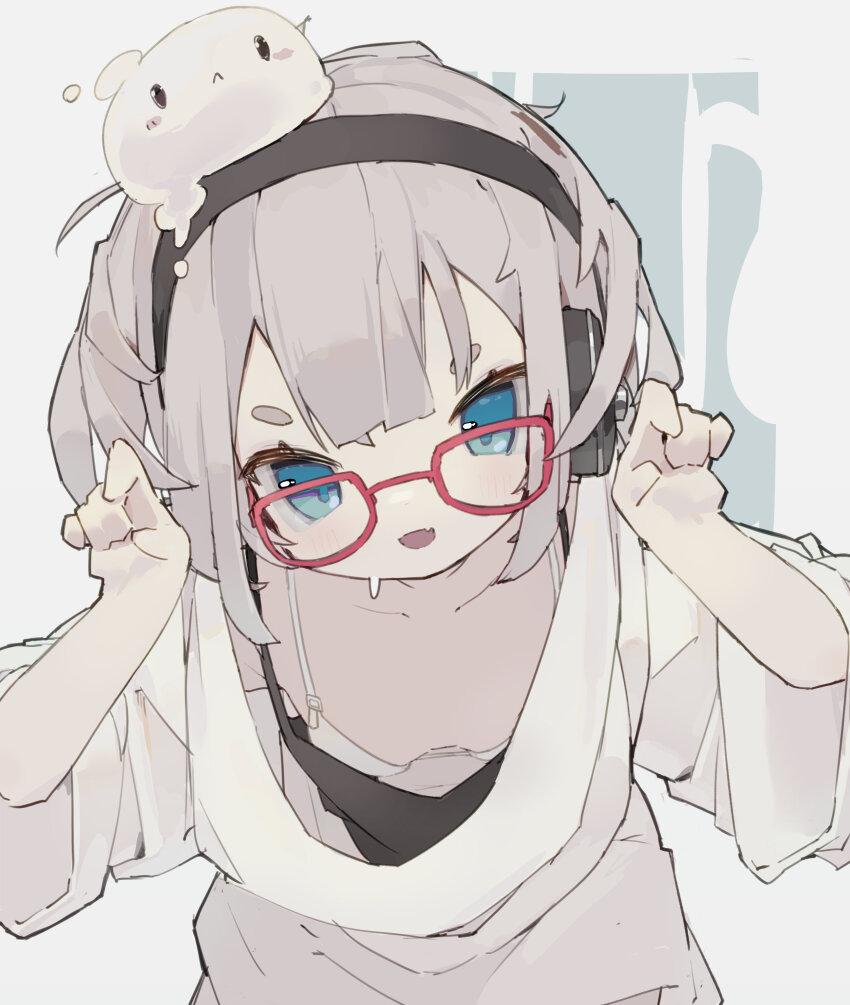 1girl absurdres black_hairband blue_eyes bra glasses grey_hair hairband highres leaning_forward looking_at_viewer nep_(nep_76) open_mouth original short_hair smile solo teeth underwear upper_teeth_only white_background white_bra