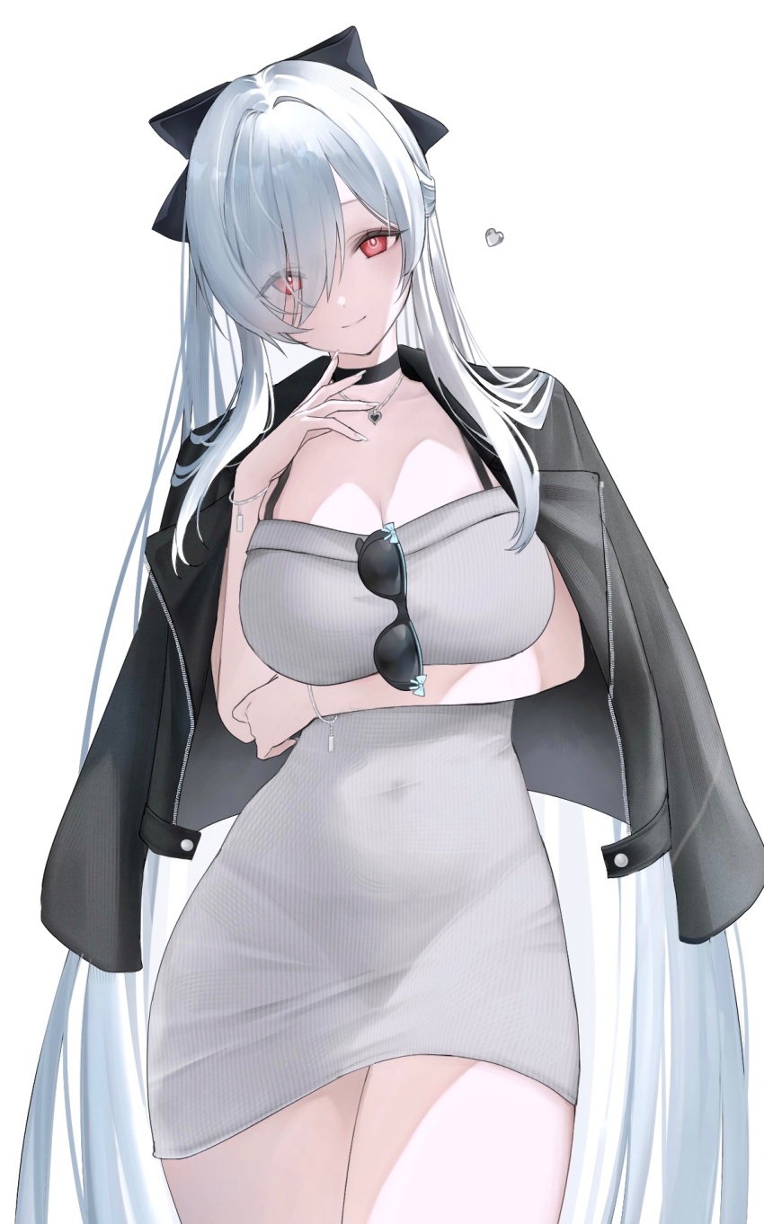 1girl black_jacket breasts cinderella_(beautiful_me)_(nikke) cinderella_(nikke) cleavage covered_navel dongtan_dress dress eyes_visible_through_hair eyewear_hang goddess_of_victory:_nikke grey_dress hashtag-only_commentary heart heart_necklace highres jacket jacket_on_shoulders jewelry large_breasts long_hair meme_attire necklace official_alternate_costume panties_visible_through_clothes red_eyes simple_background smile solo sunglasses thighs unworn_eyewear very_long_hair wata_owo white_background white_hair