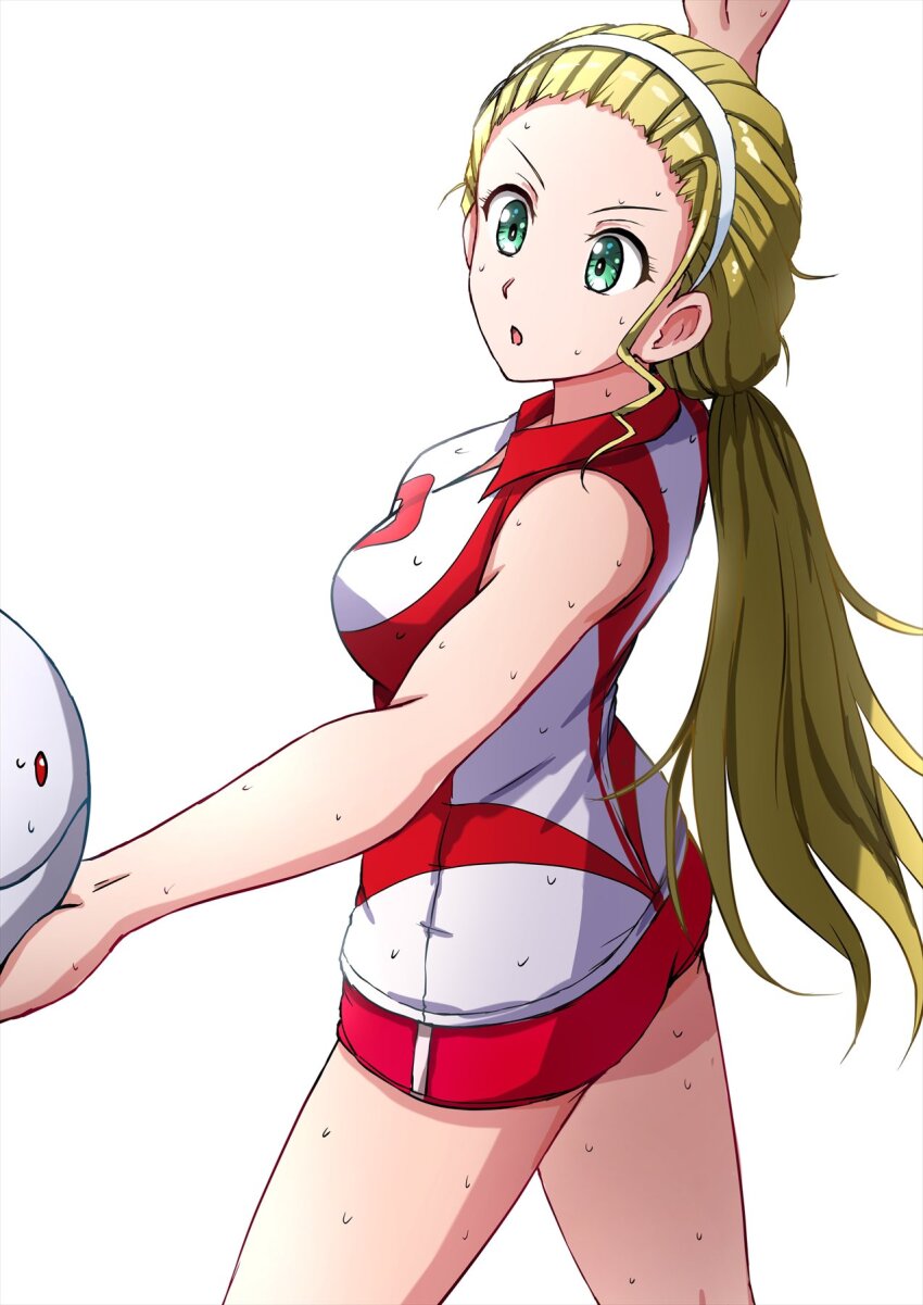 1girl alternate_eye_color arm_up bad_id bad_twitter_id blonde_hair commentary cowboy_shot girls_und_panzer green_eyes gundam hair_pulled_back hairband haro highres holding long_hair looking_to_the_side omachi_(slabco) open_mouth ponytail red_shirt red_shorts sasaki_akebi shirt short_shorts shorts simple_background single_vertical_stripe sleeveless sleeveless_shirt solo sportswear standing sweat volleyball_uniform white_background white_hairband