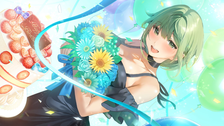 1girl :d balloon bare_shoulders birthday_cake black_dress blue_flower blue_rose bouquet breasts cake cleavage commentary_request confetti copyright_request dress dutch_angle flower food green_eyes green_hair hair_between_eyes hair_intakes happy_birthday highres hugging_object inushima looking_at_viewer medium_breasts open_mouth rose sleeveless sleeveless_dress smile solo white_flower white_rose yellow_flower