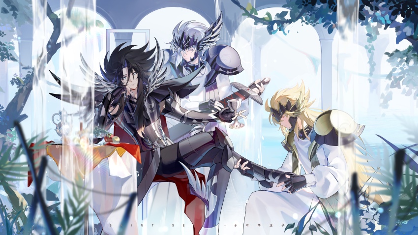 3boys absurdres armor bishounen black_armor black_hair black_helmet blonde_hair blue_eyes blue_gemstone brothers cape chalice closed_eyes crossed_legs cup elbow_rest elbows_on_table expressionless facing_another fingerless_gloves foliage forehead_jewel fruit_bowl gem giving gloves gold_armor gold_trim grey_hair hades_(saint_seiya) head_on_hand head_rest head_wings helmet highres holding holding_another&#039;s_leg holding_cup holding_sword holding_weapon hypnos_(saint_seiya) indoors kneeling leg_wings long_hair long_sleeves male_focus metal_wings multiple_boys on_one_knee pauldrons red_cape robe saint_seiya scabbard sheath sheathed shoulder_armor siblings sitting snowflake_(diodarja) spiked_hair sword table teapot thanatos_(saint_seiya) tree twins two-tone_armor u_u water weapon white_robe wings