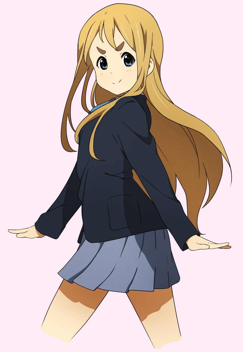 1girl absurdres blonde_hair blue_eyes highres k-on! kicchi_(tmgk) kotobuki_tsumugi light_blush long_hair looking_at_viewer sakuragaoka_high_school_uniform school_uniform smile thick_eyebrows walking