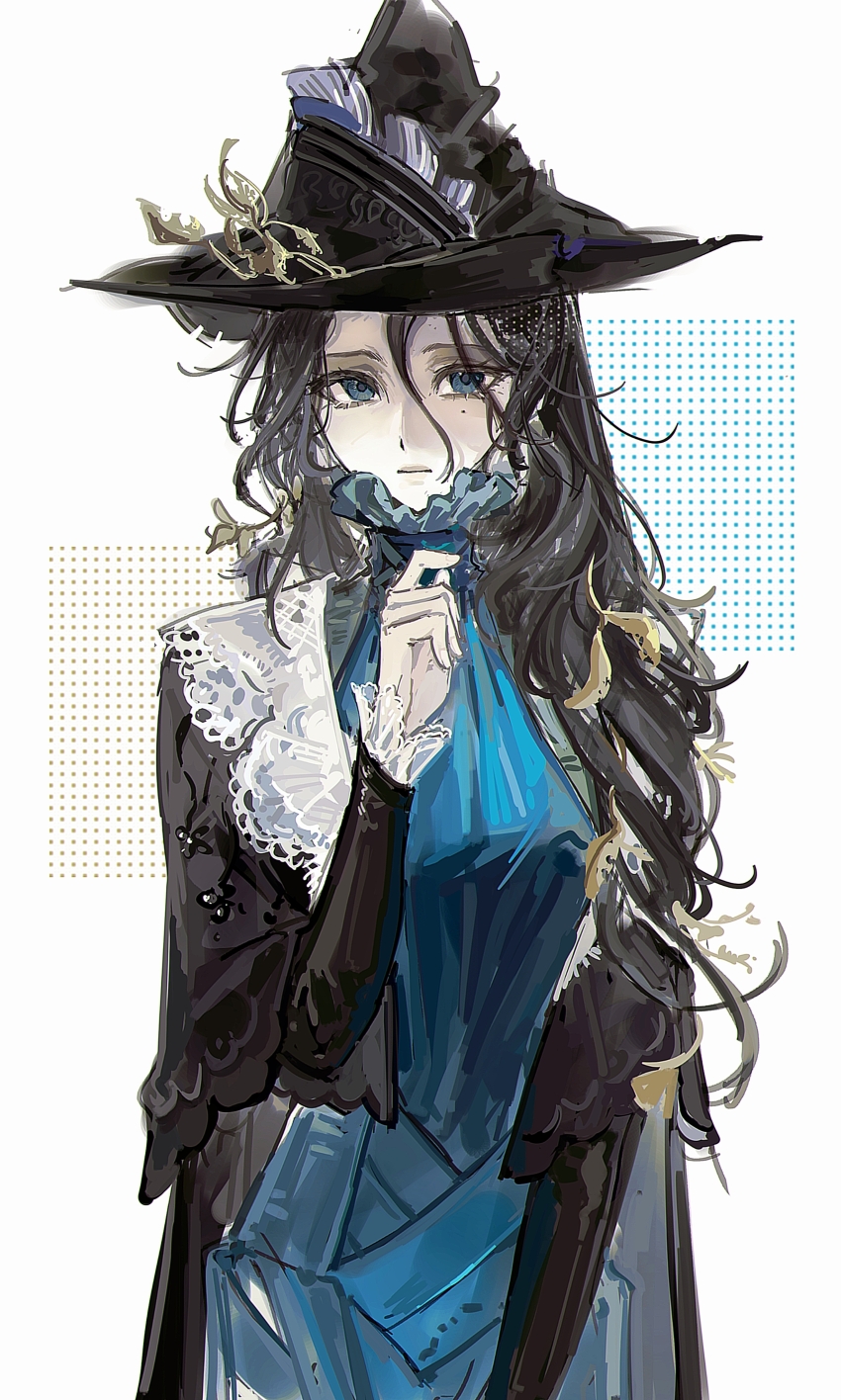 1girl absurdres black_cape black_hair black_hat black_sleeves blue_dress blue_eyes cape closed_mouth dress hair_between_eyes hand_up hat highres long_hair looking_at_viewer mole mole_under_eye reverse:1999 sangyu-feiwan solo upper_body white_background willow_(reverse:1999) witch_hat