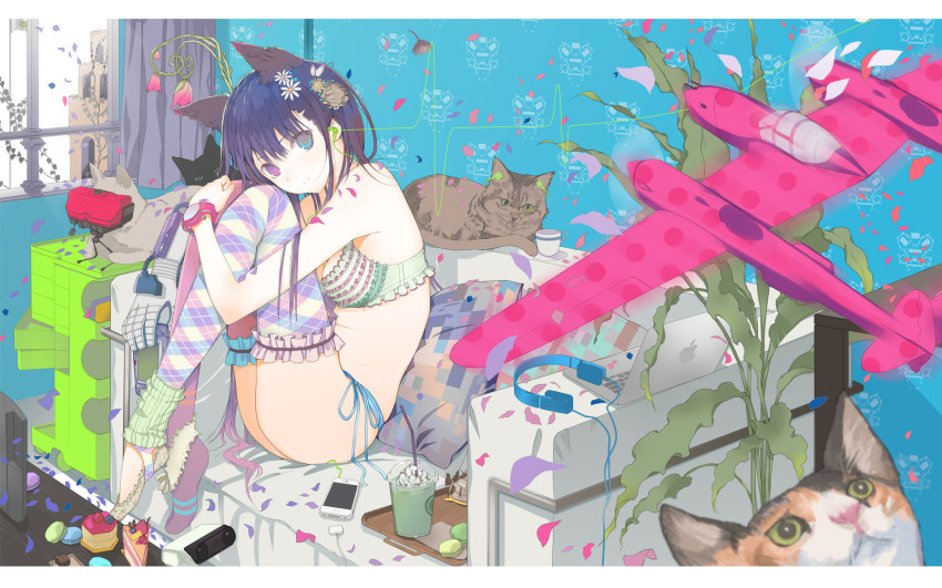 1girl abstract aircraft airplane animal_ears apple_inc. asymmetrical_legwear bare_shoulders bikini black_cat black_hair blue_eyes blue_hair blue_panties bra breasts cake cat cat_ears cellphone cleavage coffee couch cup drinking_straw earbuds earphones family_computer_robot female_focus flower food frilled_bra frilled_thighhighs frills fuyuno_haruaki game_boy_advance game_console green_bra hair_flower hair_ornament hairclip handheld_game_console headphones heterochromia highres hugging_own_legs ice_cream iphone leg_warmers lingerie long_hair looking_at_viewer macaron macintosh matching_hair/eyes medium_breasts mismatched_legwear original p-38 panties petals phone pillow plaid_clothes plaid_legwear playstation_3 power_glove purple_eyes rob side-tie_bikini_bottom side-tie_panties sitting smartphone solo stickam swimsuit teacup thighhighs underwear underwear_only very_long_hair virtual_boy watch