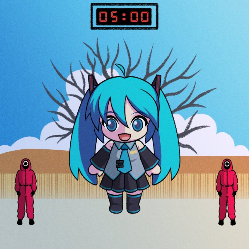 1girl 2boys ahoge bare_tree black_footwear black_skirt blue_necktie blue_sky clock cloud commentary crossover cryptidhermit detached_sleeves digital_clock english_commentary hair_between_eyes hatsune_miku highres long_hair multiple_boys necktie open_mouth pleated_skirt skirt sky squid_game thighhighs tie_clip tree twintails very_long_hair vocaloid