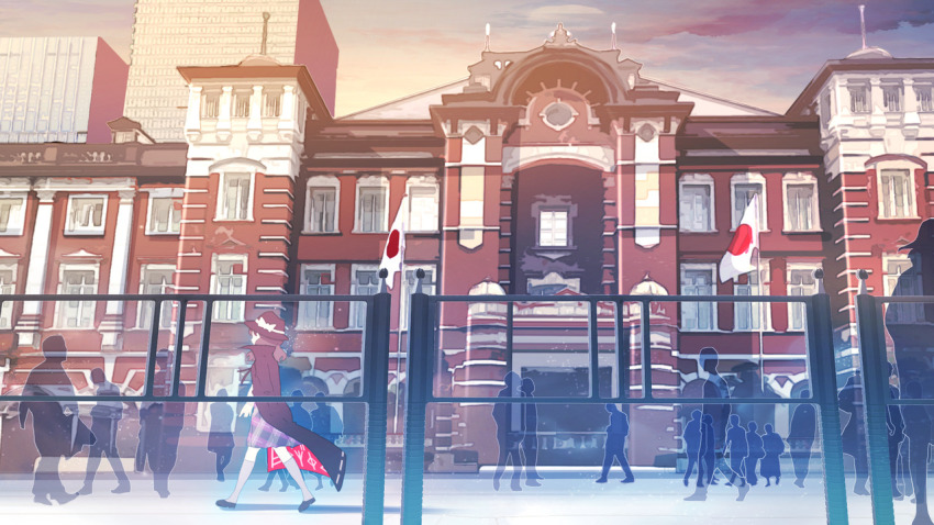 1girl 6+others bow brown_hair cloak clothes_writing evening full_body hat hat_bow high_collar japanese_flag kneehighs multiple_others plaid_clothes plaid_skirt real_world_location runes silhouette skirt socks standing tokoroten_(hmmuk) tokyo_station touhou usami_sumireko