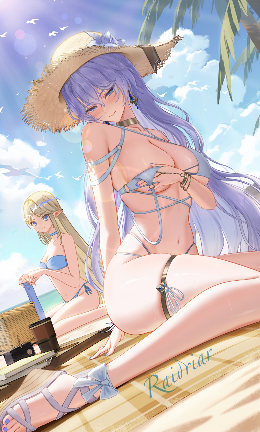 2girls absurdres alternate_costume bare_shoulders bikini blonde_hair blue_bikini blue_eyes blue_flower blue_sky blush cantarella_(wuthering_waves) cartethyia_(wuthering_waves) chinese_commentary closed_mouth cloud cloudy_sky collarbone commentary_request crown_of_thorns day earrings feet flower hat hat_flower highres jewelry long_hair looking_at_viewer multiple_girls nail_polish navel outdoors parted_lips picnic_blanket pointy_ears purple_hair purple_nails raidriar_18 side-tie_bikini_bottom sidelocks signature sitting skindentation sky smile stomach straw_hat swimsuit thigh_strap thighs toenail_polish toenails very_long_hair white_bikini wuthering_waves