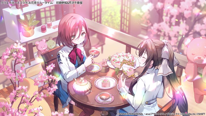 2girls ^_^ assault_lily black_pantyhose black_shirt blue_skirt blurry blurry_background blush bow bowtie breasts brown_hair bush buttons cake cake_slice cake_slicer candle chair cherry_blossoms closed_eyes closed_mouth commentary_request cup day door facing_another flower flower_pot food frilled_skirt frills from_above green_eyes hair_between_eyes hair_bow hands_up hatsukano_yo herensuge_girls_academy_school_uniform high_ponytail highres holding holding_cup holding_saucer ibara_riato indoors jacket jewelry lens_flare light_particles long_bangs long_hair long_sleeves looking_at_another medium_breasts medium_hair miniskirt multiple_girls official_art open_clothes open_door open_jacket pantyhose parted_lips pen picture_frame pink_flower plant plate ponytail potted_plant profile red_bow red_bowtie red_hair red_thighhighs ring saucer school_uniform serizawa_chikaru shadow shelf shirt sidelocks sitting skirt smile stuffed_animal stuffed_toy table tea teacup teapot teddy_bear thighhighs translation_request very_long_hair watermark white_bow white_jacket window