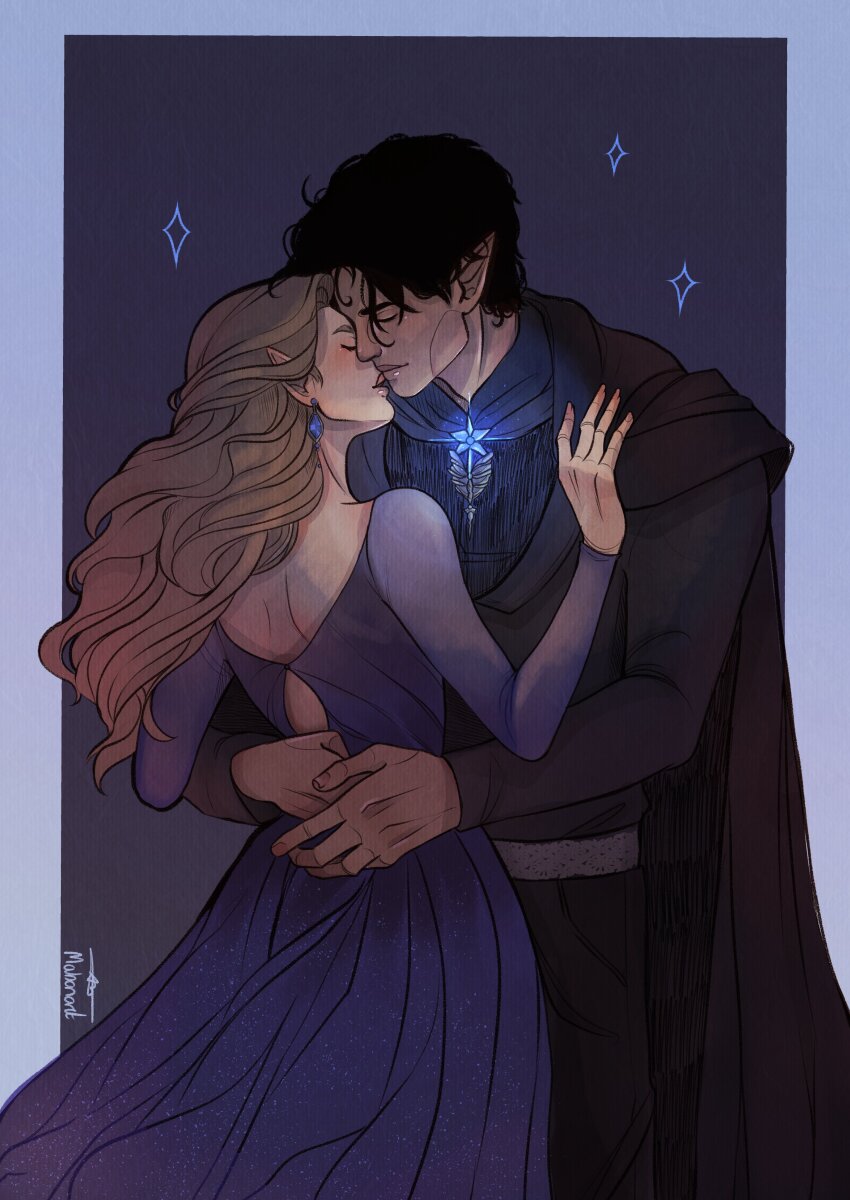 1boy 1girl a_court_of_thorns_and_roses_(series) absurdres artist_name black_hair border brown_hair cape closed_eyes couple dress earrings feyre_archeron formal_clothes glowing height_difference hetero highres jewelry kiss long_hair long_sleeves mabon_art pointy_ears purple_border purple_dress rhysand_(acotar) short_hair signature simple_background suit