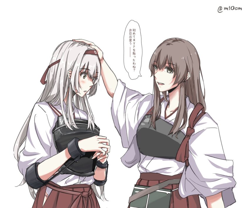 2girls akagi_(kancolle) brown_hair headpat highres kantai_collection long_hair m10cmdesu multiple_girls open_mouth shoukaku_(kancolle) shy skirt smile white_hair yuri