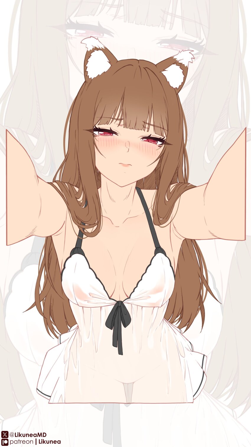 1girl absurdres animal_ear_fluff animal_ears blush breasts brown_hair closed_mouth commentary cropped_legs english_commentary half-closed_eyes highres holo large_breasts likunea long_hair looking_at_viewer nightgown no_panties outstretched_arms patreon_logo patreon_username reaching reaching_towards_viewer red_eyes see-through_clothes sleepwear spice_and_wolf twitter_username twitter_x_logo very_long_hair white_nightgown wolf_ears wolf_girl zoom_layer
