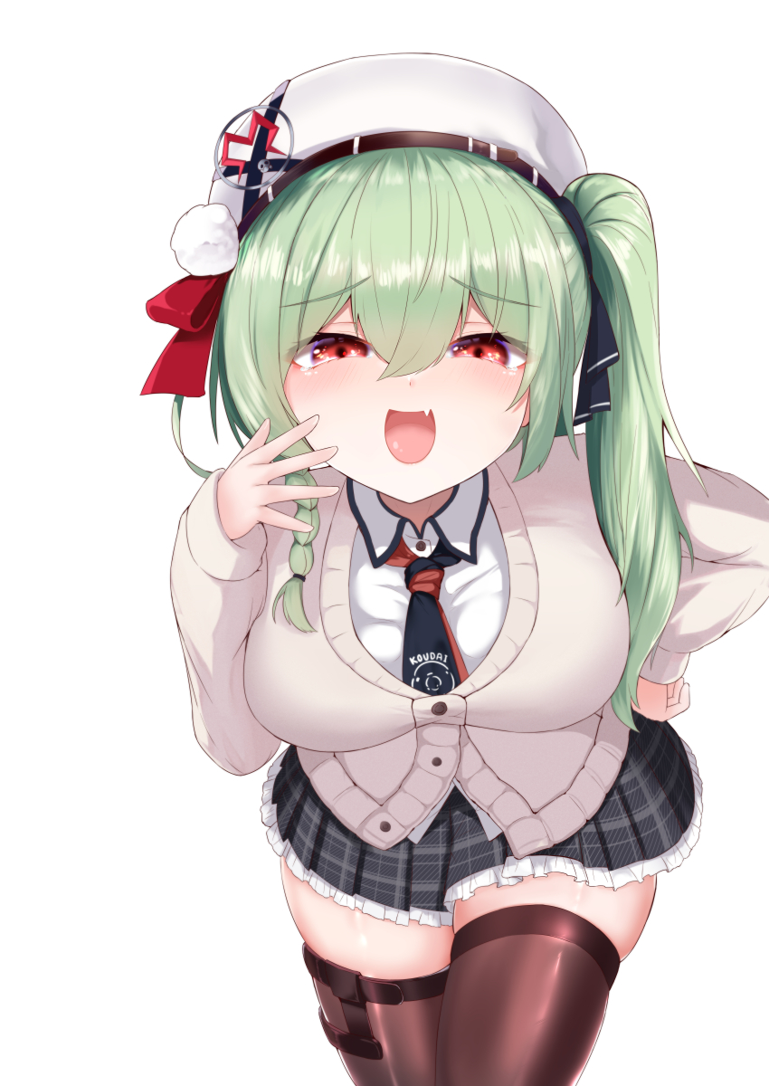 1girl absurdres beret black_thighhighs blush breasts brown_thighhighs cardigan fang frilled_skirt frills green_hair hair_between_eyes hair_ribbon hand_on_own_hip hat highres huanxiang_koudai_meow indie_virtual_youtuber large_breasts leaning_forward long_hair long_sleeves looking_at_viewer mesugaki miniskirt mozhe_inkian necktie open_mouth plaid_clothes plaid_skirt pleated_skirt red_eyes ribbon school_uniform shirt side_ponytail simple_background skin_fang skindentation skirt smile smug solo thigh_strap thighhighs white_background white_hat white_shirt zettai_ryouiki