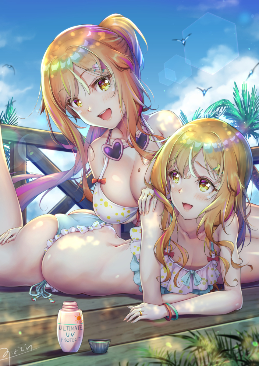 1boy 1girl androgynous ass bikini blonde_hair blush breasts cleavage crossdressing hand_on_thigh heart heart-shaped_eyewear highres huge_ass large_breasts long_hair lying natsusora_aona natsusora_wakana novady on_stomach original shiny_skin smile sunbathing swimsuit trap yellow_eyes