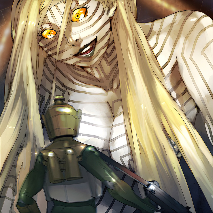 1boy 1girl artist_request asherah_(megami_tensei) atlus black_lips blonde_hair body_markings breasts cleavage colored_sclera colored_skin demon_(megami_tensei) demonica giant giantess grin hair_between_eyes hair_over_breasts helmet highres holding holding_weapon large_breasts long_hair monster_girl motion_blur open_mouth shin_megami_tensei shin_megami_tensei:_strange_journey smile tadano_hitonari upper_body weapon white_skin yellow_eyes yellow_sclera