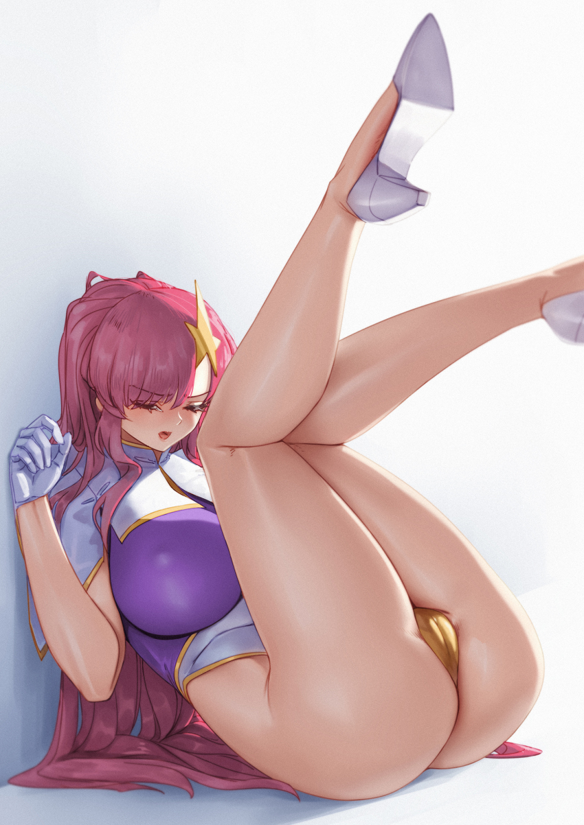 1girl ass breasts cameltoe cleft_of_venus closed_eyes commentary_request covered_erect_nipples gloves gundam gundam_seed gundam_seed_destiny hair_ornament heart high_heels highres large_breasts legs_up leotard long_legs meer_campbell multicolored_leotard on_floor open_mouth pink_hair purple_leotard qingmingtongzi solo sweat thighs white_gloves white_leotard