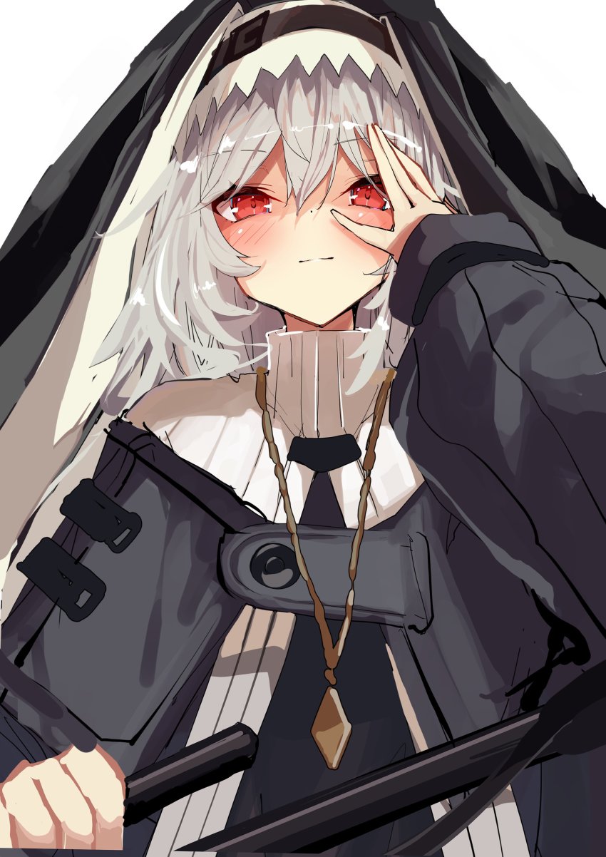 1girl absurdres arknights black_jacket blush closed_mouth commentary_request dress grey_hair hair_between_eyes hand_up highres holding jacket kamiya_mitobe long_hair long_sleeves looking_at_viewer puffy_long_sleeves puffy_sleeves red_eyes simple_background sleeves_past_wrists smile solo specter_(arknights) upper_body white_background white_dress
