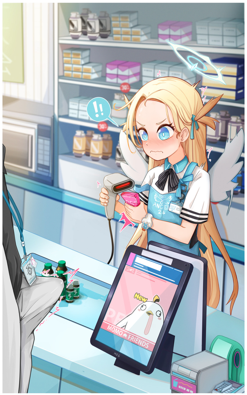 1boy 1girl apron black_bow black_bowtie blonde_hair blue_apron blue_archive blue_eyes blue_halo blush bow bowtie bulge closed_mouth dot_nose embarrassed erection erection_under_clothes eyelashes forehead halo hetero indoors loli long_hair looking_at_another looking_down oscarlllll shirt solo_focus sora_(blue_archive) standing surprised wavy_mouth white_shirt wings