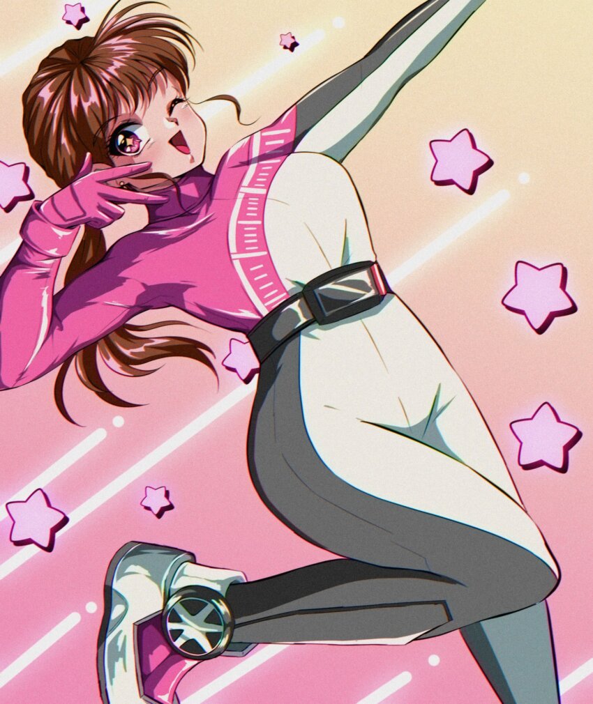 1990s_(style) 1girl bakuage_sentai_boonboomger belt black_belt blush bodysuit boots brown_hair bun_pink earrings gloves highres jewelry long_hair looking_at_viewer one_eye_closed open_mouth peace pink_background pink_bodysuit pink_eyes pink_footwear pink_gloves ponytail retro_artstyle shifuto_mira smile star-shaped_pupils star_(symbol) super_sentai superhero_costume symbol-shaped_pupils tamo_(oioi_shinuwa) v wink
