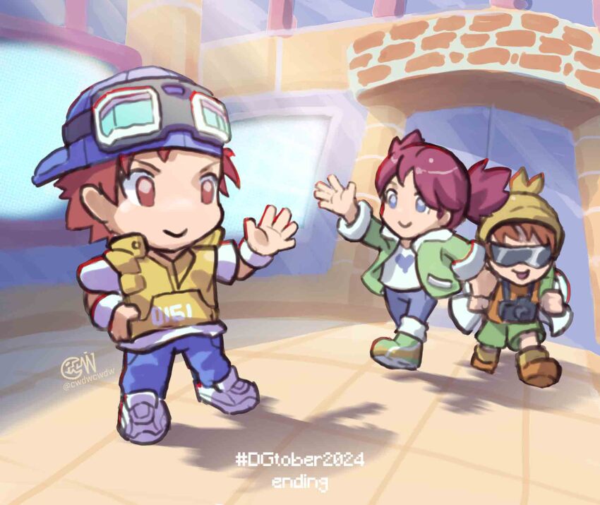 1girl 2boys atsushi_(digimon_world_3) backwards_hat baseball_cap blue_eyes blue_hat blue_pants brown_hair chibi cwdw digimon digimon_world_3 green_jacket green_shorts hat highres jacket minori_(digimon_world_3) multiple_boys outdoors pants shorts sunglasses takumi_(digimon_world_3) twintails vest yellow_vest