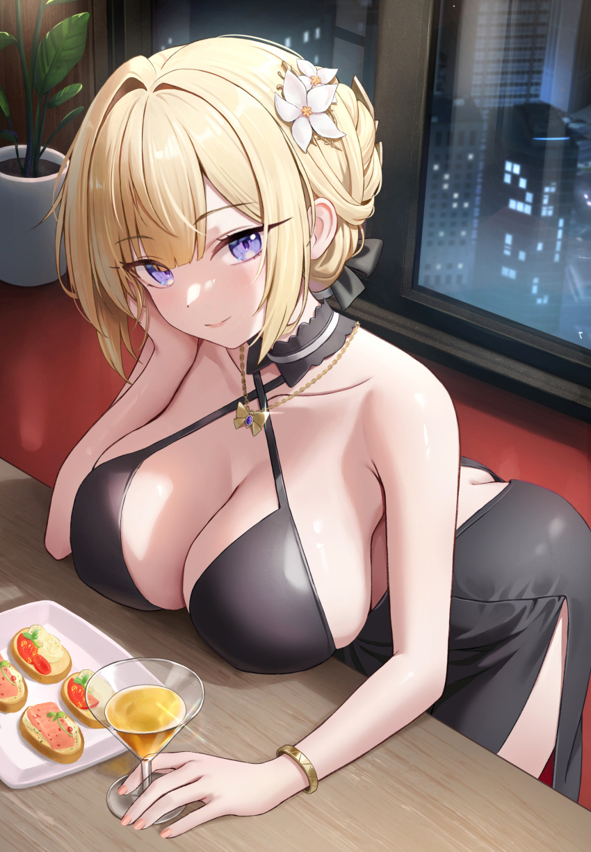 1girl absurdres alternate_costume ass black_dress blush bracelet breast_rest breasts breasts_on_table building butt_crack closed_mouth collarbone commentary cup dress drinking_glass elbow_on_table elbow_rest evelyn_chevalier flower food gold_bracelet hair_flower hair_intakes hair_ornament halter_dress halterneck head_rest highres indoors jewelry large_breasts leaning_forward long_hair looking_at_viewer nay plant plate potted_plant revision sleeveless sleeveless_dress smile solo white_flower zenless_zone_zero