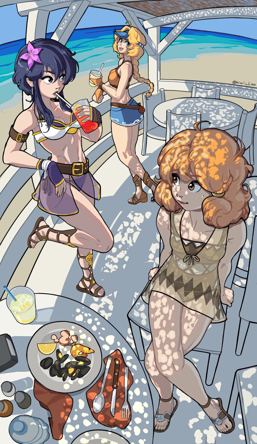 3girls absurdres ahoge alternate_costume armlet armor beach belt bikini bikini_armor black_hair blonde_hair braid braided_ponytail breastplate breasts brown_one-piece_swimsuit chair commission commissioner_upload crossed_legs cup drink drinking drinking_glass drinking_straw drinking_straw_in_mouth earrings fire_emblem fire_emblem:_genealogy_of_the_holy_war flower food fork gladiator_sandals gloves hair_flower hair_ornament hairclip highres holding holding_cup holding_drink jewelry kiwii_line knife lana_(fire_emblem) larcei_(fire_emblem) leather_strap long_hair looking_at_another medium_breasts multiple_girls navel nintendo ocean one-piece_swimsuit orange_bikini orange_hair outdoors patty_(fire_emblem) ponytail pouch purple_bikini sandals seafood see-through_clothes short_hair side-tie_bikini_bottom sidelocks small_breasts smile spoon standing standing_on_one_leg stomach sweatdrop swimsuit swimsuit_cover-up table tomboy visor_cap