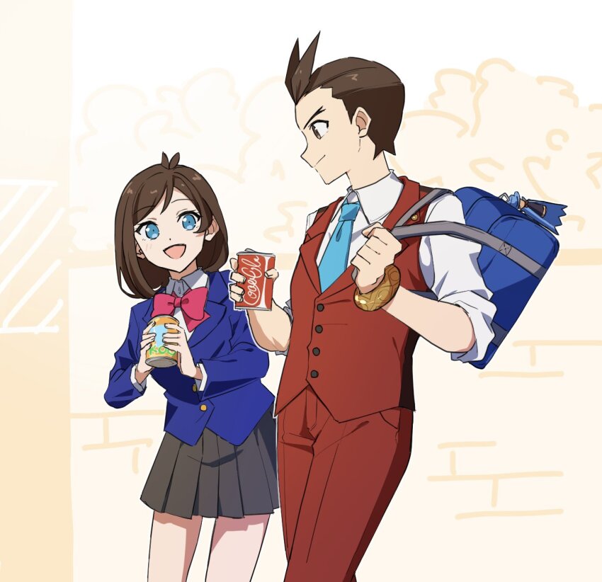 1boy 1girl :d ace_attorney alternate_costume apollo_justice apollo_justice:_ace_attorney backpack bag black_skirt blue_eyes blue_necktie bow bowtie brown_eyes brown_hair can closed_mouth collared_shirt commentary_request dot_nose drink_can formal_clothes highres holding holding_bag holding_can maka_gtsb medium_hair necktie open_mouth outdoors pants pink_bow pink_bowtie pleated_skirt red_pants red_suit shirt short_hair skirt smile soda_can suit trucy_wright walking white_shirt