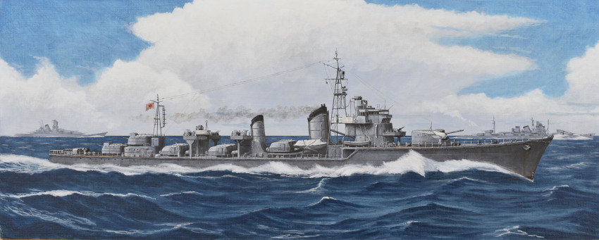 absurdres acrylic_paint_(medium) atelier_bono blue_sky destroyer highres imperial_japanese_army military_vehicle mogami_(cruiser) musashi_(battleship) no_humans ocean original painting_(medium) shimakaze_(destroyer) ship ship_turret sky smoke smokestack torpedo_launcher traditional_media warship watercraft waves world_war_ii