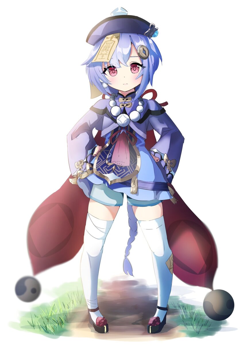 bead_necklace beads braid coin_hair_ornament dress genshin_impact hair_between_eyes hair_ornament hat highres jewelry jiangshi long_hair long_sleeves looking_at_viewer necklace ofuda oho_oho purple_eyes purple_hair qingdai_guanmao qiqi_(genshin_impact) smile solo thighhighs