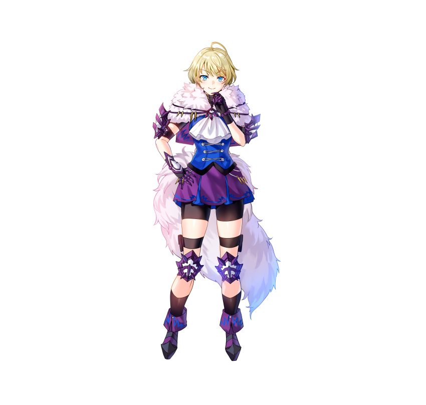 1girl absurdres ascot black_gloves blonde_hair blue_eyes blue_shirt boots fake_tail fire_emblem fire_emblem_engage fire_emblem_heroes full_body gloves hand_on_own_hip hand_up highres knee_pads looking_at_viewer merrin_(fire_emblem) miniskirt nintendo official_art purple_skirt shirt short_hair simple_background skirt smile solo standing tail white_ascot white_background wolf_tail