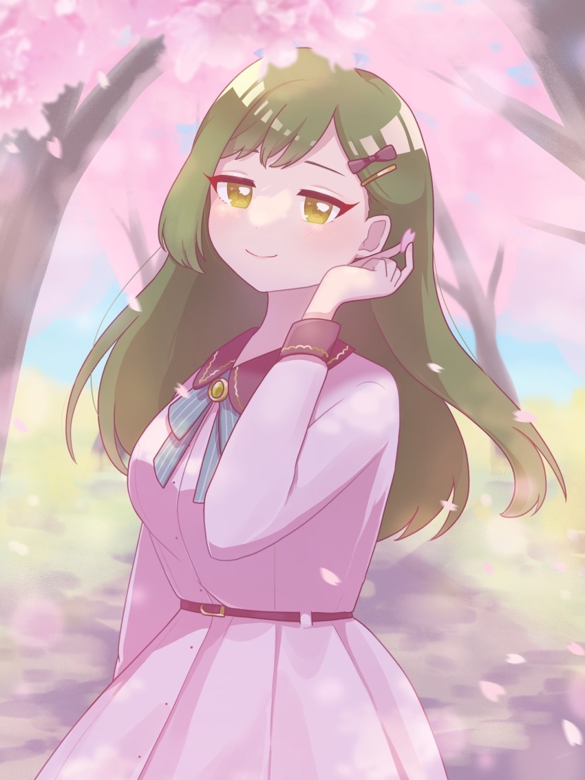 1girl absurdres alternate_costume bow breasts cherry_blossoms collared_dress commentary_request dream_believers dress green_hair green_ribbon hair_bow hair_ornament hairclip highres large_breasts link!_like!_love_live! long_hair long_sleeves love_live! miyaco_(shirataki_168) ogami_sachi outdoors pink_dress pinstripe_ribbon ribbon sketch_background solo spring_(season) straight_hair swept_bangs upper_body yellow_eyes