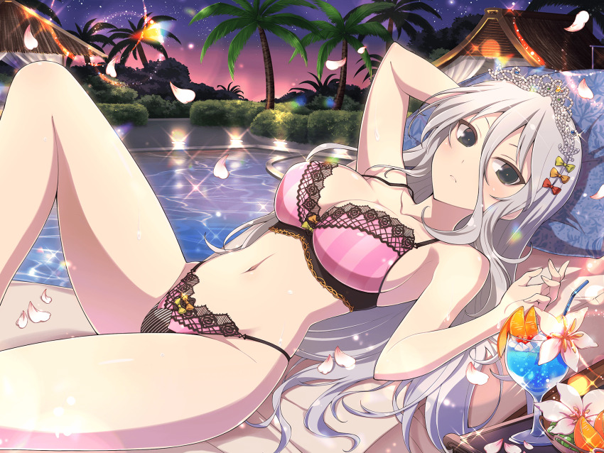 1girl bikini blue_gemstone blue_hawaii bow breasts bush chair cleavage cup deck_chair drink drinking_glass drinking_straw falling_petals flower food fruit gem grapes green_eyes grey_hair groin hair_between_eyes hair_bow highres hut lace lace-trimmed_bikini lace_trim large_breasts long_hair looking_at_viewer lounge_chair lying navel official_alternate_costume official_art orange_(fruit) orange_bow orange_slice palm_leaf palm_tree petals pillow pink_bikini pool red_bow senkou_(senran_kagura) senran_kagura senran_kagura_new_link sky solo star_(sky) starry_sky swimsuit tiara tree tropical_drink white_flower yaegashi_nan yellow_bow yellow_gemstone