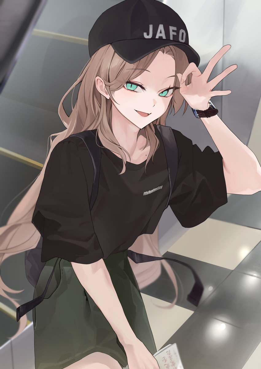1boy absurdres baseball_cap black_hat black_shirt blonde_hair book commentary crossdressing green_eyes green_skirt hat highres holding holding_book long_hair looking_at_viewer open_mouth original shirt skirt solo trap watch wristwatch zurui_ninjin