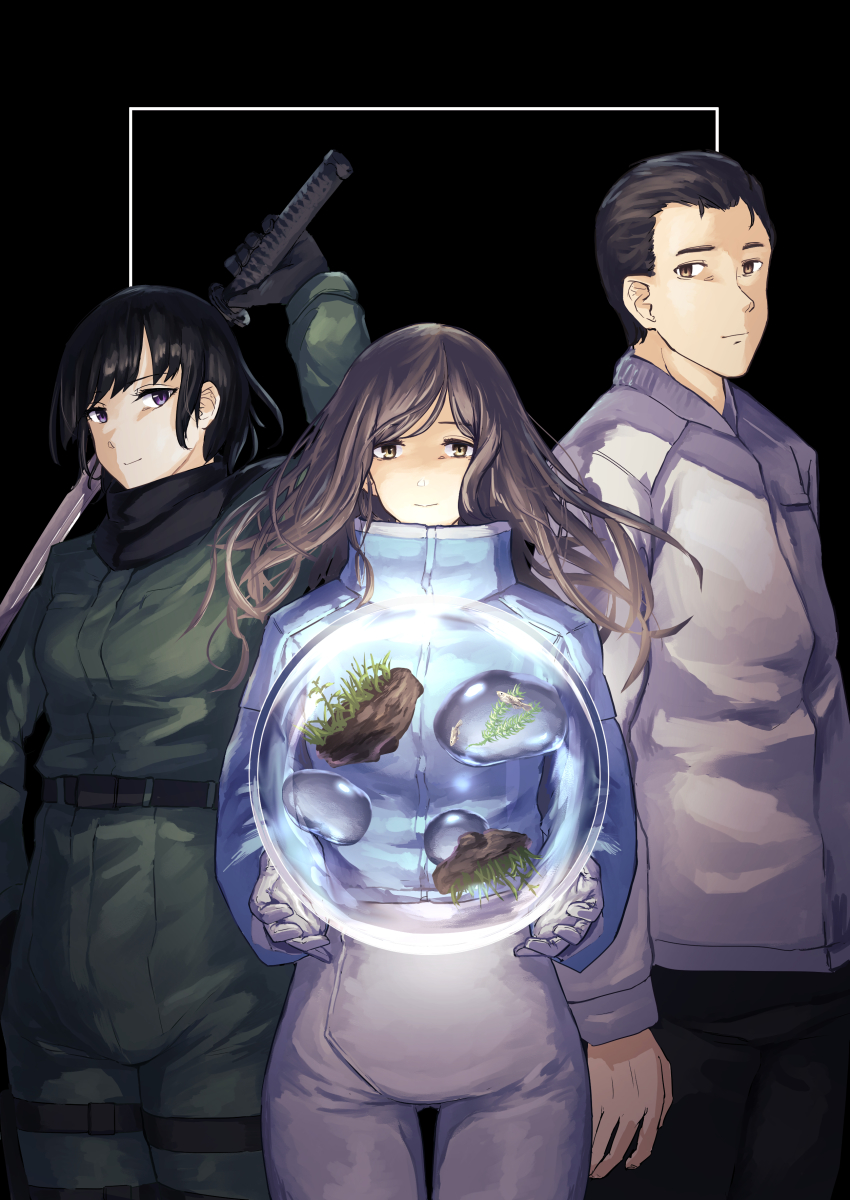 1boy 2girls absurdres black_background black_gloves black_hair bodysuit brown_eyes brown_hair cheng_xin cowboy_shot remembrance_of_earth&#039;s_past gloves green_bodysuit guan_yifan highres holding holding_sword holding_weapon katana long_hair looking_at_viewer multiple_girls orb pondo_(peng-model) purple_eyes short_hair smile sophon sword weapon white_bodysuit