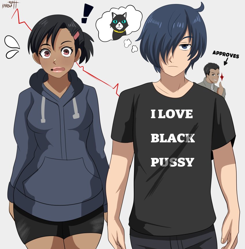 1girl 2boys absurdres blank_stare cat dark-skinned_female dark_skin embarrassed highres imagining karbuitt miyamoto_kazushi morgana_(cat)_(persona_5) morgana_(persona_5) multiple_boys nishiwaki_yuuko persona persona_3 persona_5 print_shirt racism shirt surprised sweatdrop sweater t-shirt thumbs_up yuuki_makoto_(persona_3)