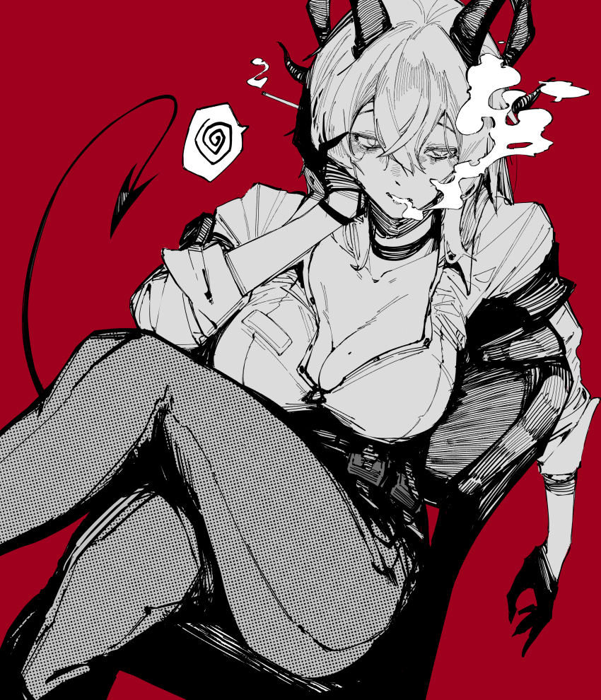 10_4_(10f0ur) 1girl absurdres arm_pouch armband black_choker breasts choker cigarette collarbone collared_shirt commentary crossed_legs curled_horns demon_tail gloves greyscale_with_colored_background hair_between_eyes highres holding holding_cigarette horns large_breasts on_chair pants partially_unbuttoned red_background shirt sitting smoking solo tail wuthering_waves zani_(wuthering_waves)