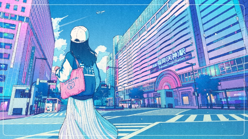 1girl artist_name bag baseball_cap black_hair blue_jacket blue_sky border building bus city clothes_writing cloud commentary_request commission contrail crosswalk cumulonimbus_cloud day facing_away feet_out_of_frame from_behind hat highres intersection jacket long_hair long_skirt long_sleeves motor_vehicle original outdoors pink_bag real_world_location shoulder_bag skirt sky solo traffic_light wacca005 white_hat white_skirt white_sleeves