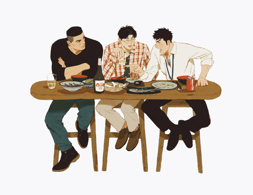 3boys akagi_takenori black_hair bowl brown_footwear brown_hair can chair chengongzi123 chopsticks closed_eyes collared_shirt crossed_arms cup drink_can food full_body glasses highres holding holding_cup kogure_kiminobu lanyard long_sleeves looking_at_another male_focus mitsui_hisashi multiple_boys open_mouth orange_shirt plaid_clothes plaid_shirt plate pointing pointing_at_another rimless_eyewear round_eyewear scar scar_on_face shirt short_hair simple_background sitting slam_dunk_(series) soda_can table thick_lips undercut very_short_hair white_background