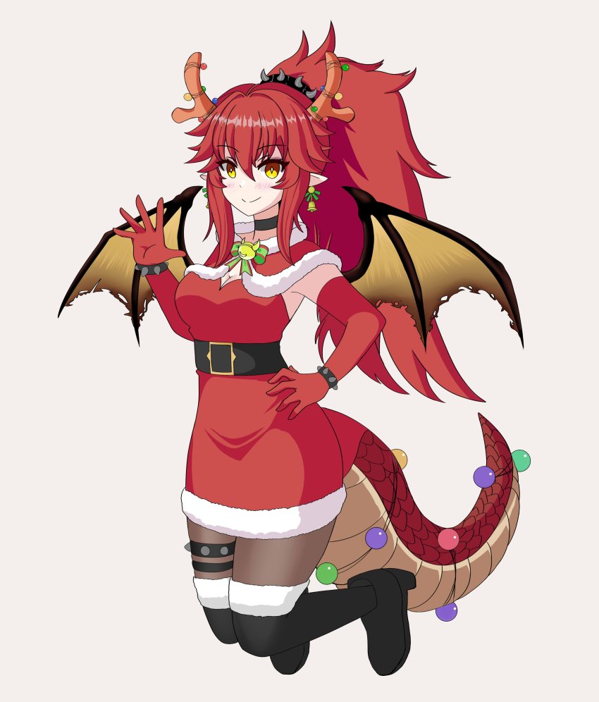 1girl absurdres belt boots christmas christmas_lights dragon_girl dragon_horns dragon_wings dress highres horns red_dress red_hair reindeer_hair_ornament virtual_youtuber wings yellow_eyes zentreya