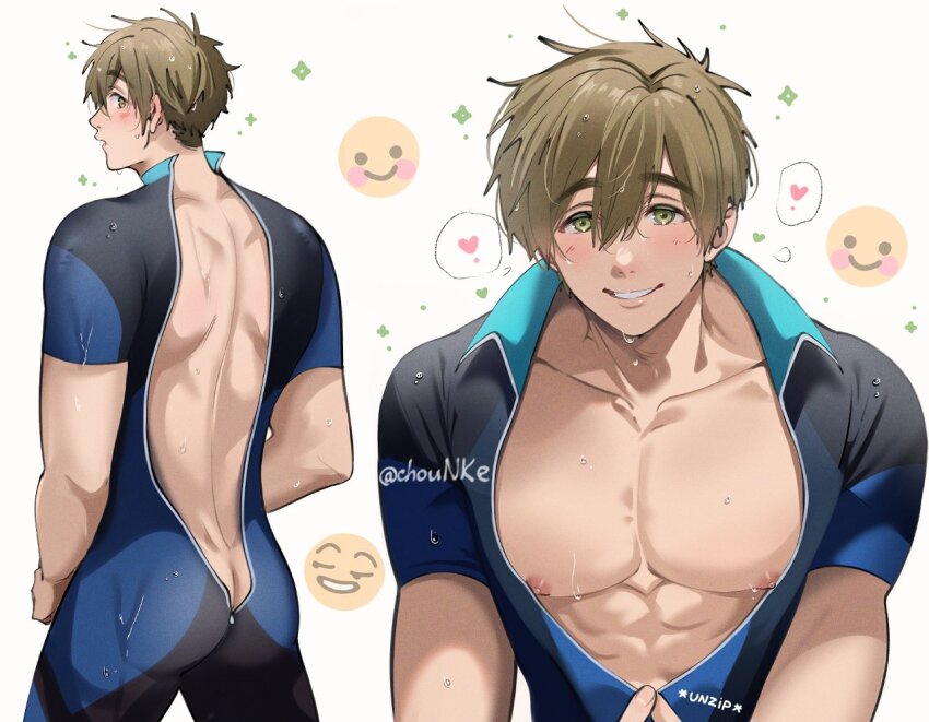 1boy abs ass back bara bare_pectorals black_wetsuit blush bodysuit brown_hair butt_crack chounke diving_suit emoji english_text free! green_eyes heart large_pectorals male_focus muscular muscular_male nipples open_clothes partially_unzipped pectorals short_hair smile tachibana_makoto teeth twitter_username wetsuit zipper zipper_pull_tab