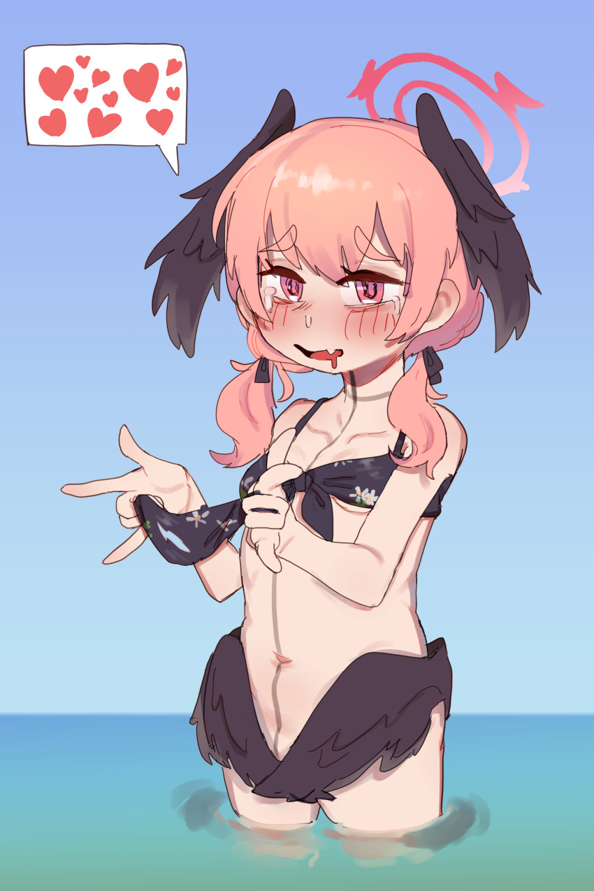 1girl absurdres bikini black_bikini black_wings blue_archive blush bottomless breasts commentary_request covering_crotch covering_privates drooling fang feathered_wings floral_print front-tie_bikini_top front-tie_top halo head_wings heart highres koharu_(blue_archive) koharu_(swimsuit)_(blue_archive) long_hair low_wings lulubelleiii mouth_drool navel official_alternate_costume open_mouth pink_eyes pink_hair pink_halo print_bikini skin_fang small_breasts solo speech_bubble spoken_heart swimsuit tears twintails unworn_bikini_bottom wading wings