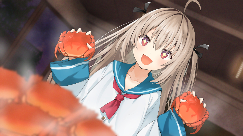 +_+ 1girl :d absurdres ahoge animal ascot atri atri-my_dear_moments- black_bow blue_sailor_collar blurry blurry_background blush bow brown_hair collarbone commentary crab depth_of_field dress dual_wielding dutch_angle excited eyelashes eyes_visible_through_hair film_grain hair_between_eyes hair_bow hands_up highres holding holding_animal indoors long_hair long_sleeves looking_at_food open_mouth red_ascot red_eyes sailor_collar sailor_dress shiba_nanasei smile solo steam straight_hair tareme two_side_up upper_body v-shaped_eyebrows variant_set w_arms white_dress wide_sleeves