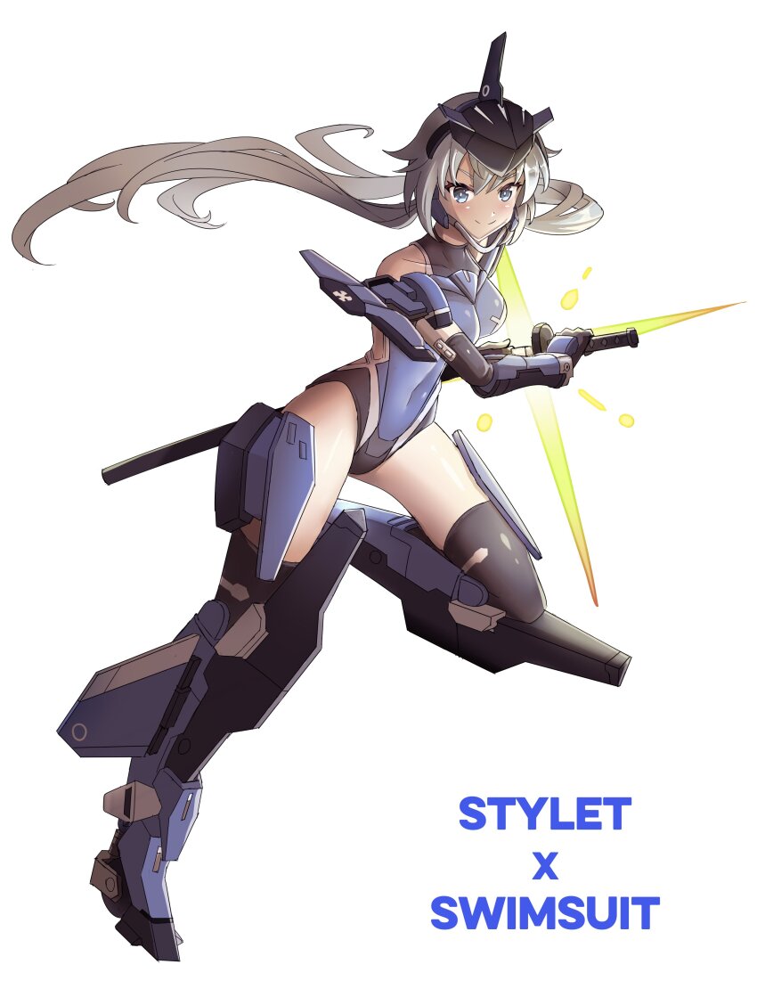 1girl absurdres black_thighhighs blue_eyes blue_leotard breasts character_name closed_mouth collarbone commentary covered_navel english_commentary english_text floating_hair frame_arms_girl full_body grey_hair headgear highres holding holding_sword holding_weapon leotard long_hair looking_at_viewer looking_to_the_side low_twintails mecha_musume medium_breasts sheath simple_background leotard smile solo sparkle stylet sudhiro_sappurisa sword thighhighs thighs twintails unsheathing weapon white_background