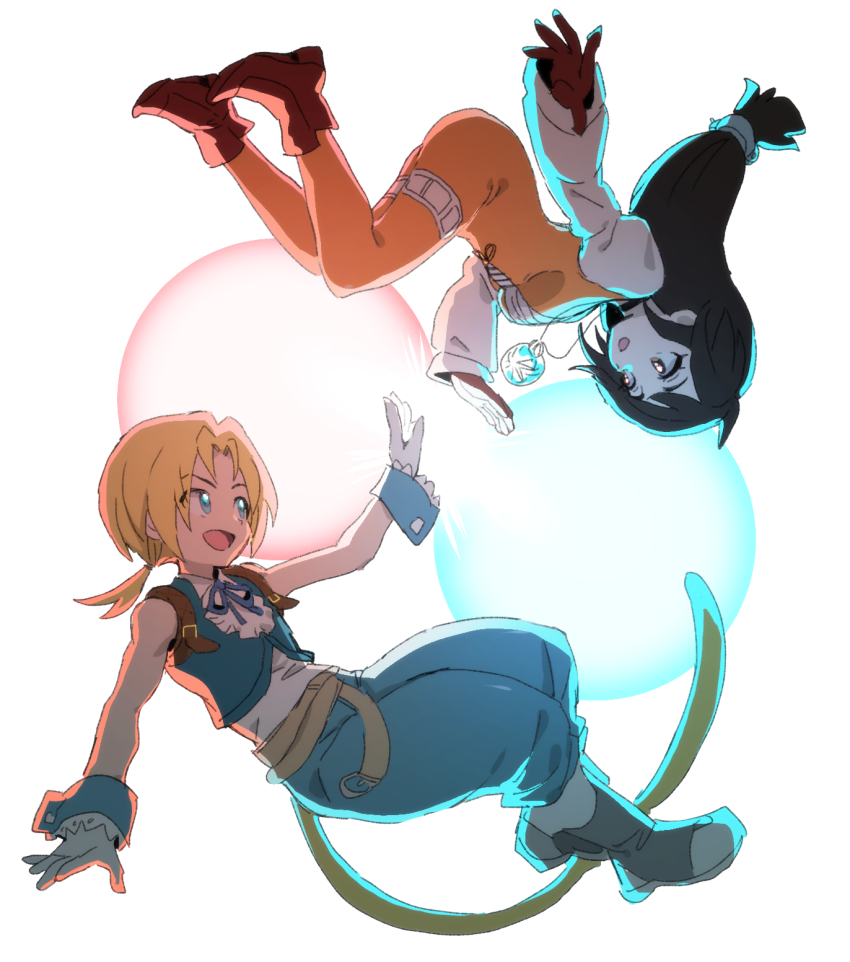 1boy 1girl aqua_eyes ascot bare_shoulders black_choker blonde_hair blue_pants blue_vest blue_wrist_cuffs bodysuit boots breasts brown_eyes brown_hair choker commentary_request cropped_vest crystal dede_(qwea_00000) final_fantasy final_fantasy_ix floating full_body garnet_til_alexandros_xvii gloves grey_boots grey_gloves highres jewelry korean_commentary long_hair long_sleeves low-tied_long_hair low_ponytail medium_breasts monkey_tail open_hand open_mouth orange_bodysuit pants pendant ponytail puffy_long_sleeves puffy_sleeves red_boots red_gloves shirt tail thigh_strap vest white_ascot white_background white_shirt wrist_cuffs zidane_tribal