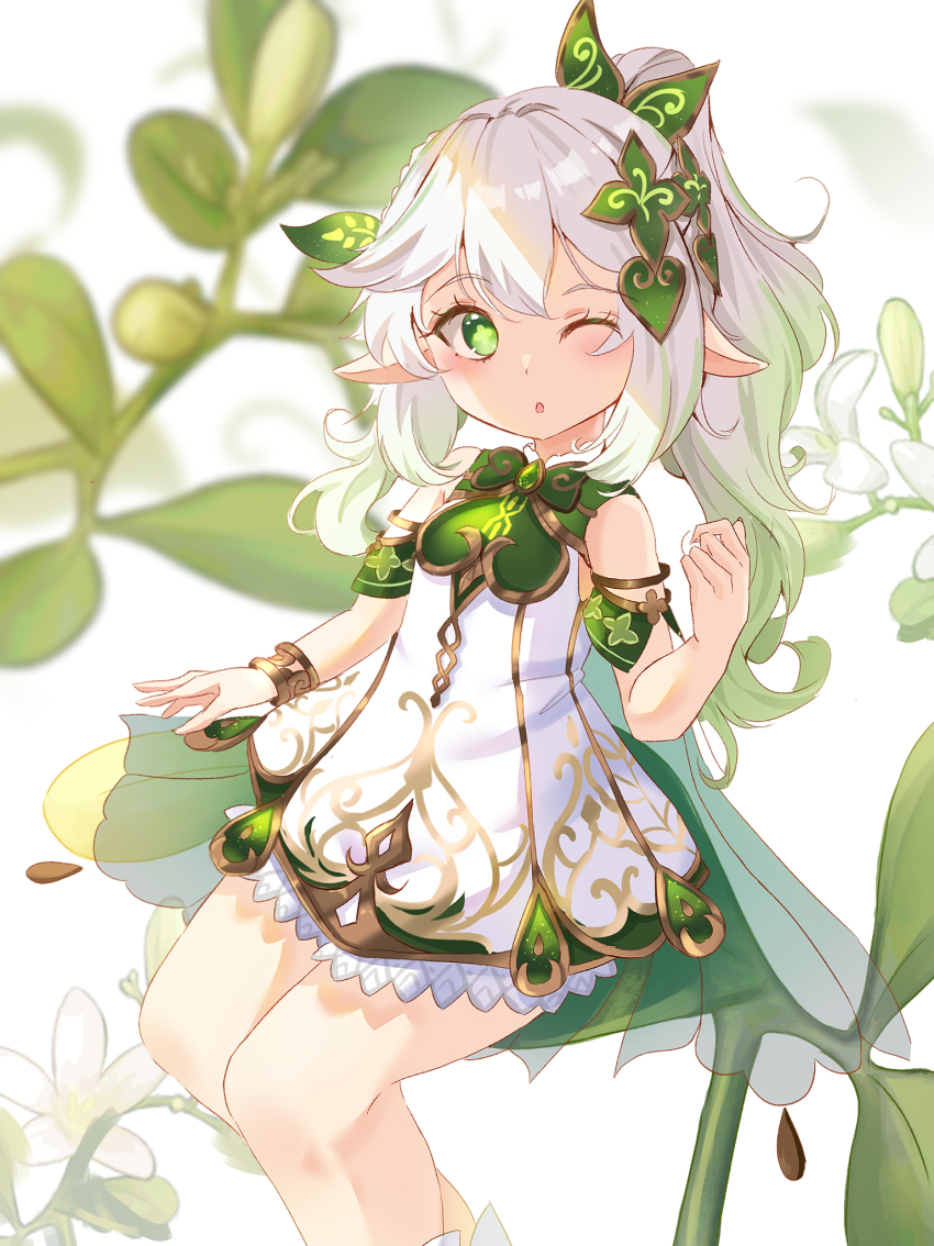 1girl ;o bare_shoulders blurry blurry_background blush breasts commentary_request cross-shaped_pupils depth_of_field dress feet_out_of_frame flower genshin_impact gradient_hair green_eyes green_hair grey_hair hand_up highres holmemee long_hair looking_at_viewer multicolored_hair nahida_(genshin_impact) one_eye_closed parted_lips pointy_ears ponytail simple_background sleeveless sleeveless_dress small_breasts solo symbol-shaped_pupils white_background white_dress white_flower