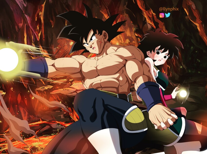 back-to-back bardock black_eyes black_hair blood blood_on_face blush cave couple dragon_ball gine highres holding_hands ki_blast lava llynphix muscular muscular_male scar scar_on_face scratches short_hair spiked_hair surprised tagme tail underground
