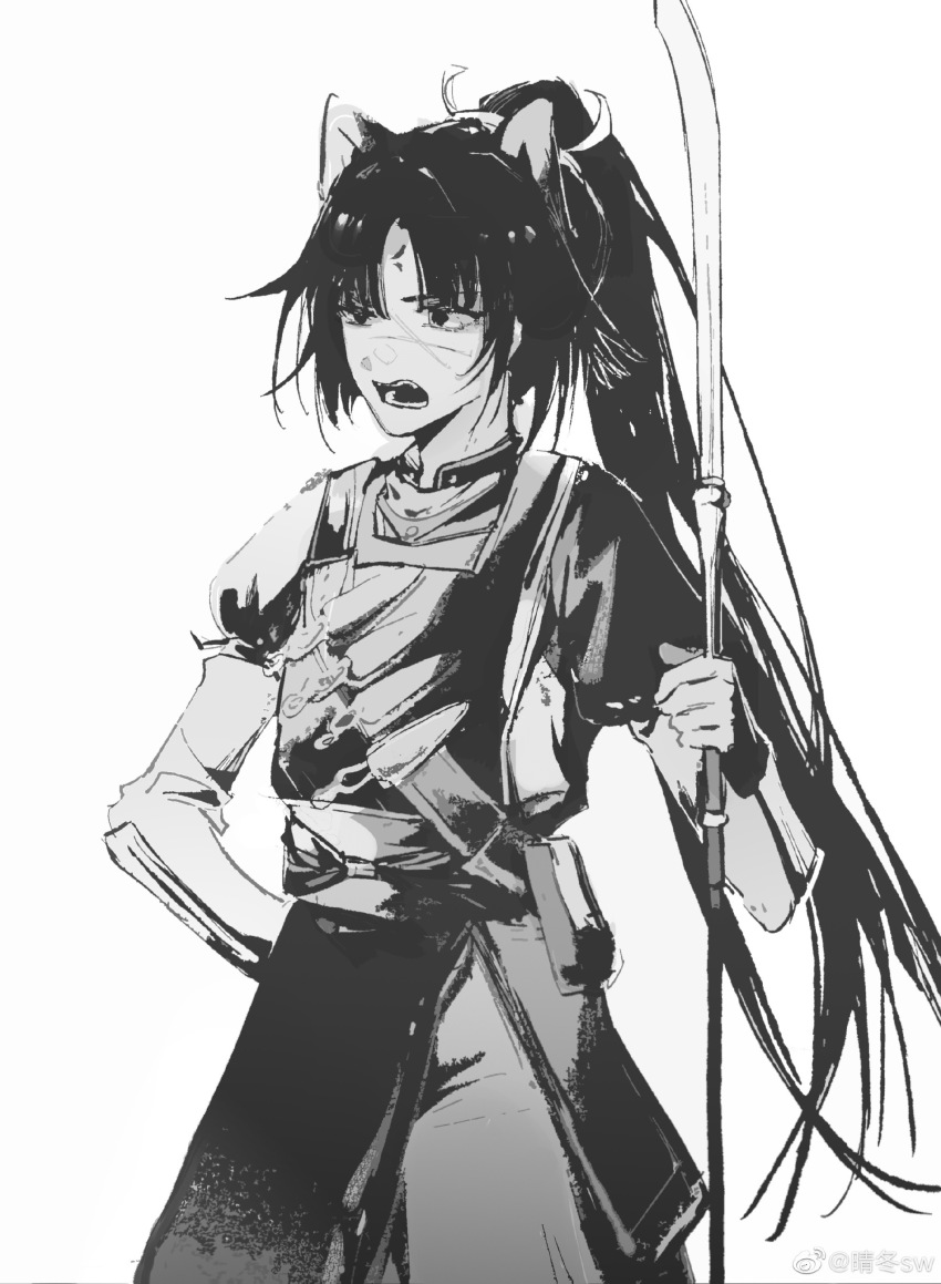 1girl absurdres arknights armor chinese_commentary commentary_request cowboy_shot facial_mark forehead_mark frown greyscale hand_on_own_hip highres holding holding_polearm holding_weapon japanese_clothes kunai long_hair looking_ahead monochrome naginata open_mouth parted_bangs polearm qingdongsw saga_(arknights) saga_(there_they_be)_(arknights) scar scar_on_face shirt simple_background solo standing strap vambraces weapon white_background