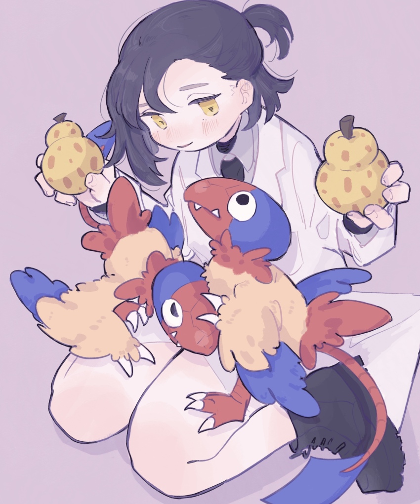1girl absurdres archen berry_(pokemon) black_footwear black_hair blush boots claws closed_eyes closed_mouth food gen_5_pokemon highres holding holding_food long_sleeves nintendo on_lap pokemon pokemon_(creature) pokemon_on_lap ponytail purple_background sharp_teeth shirt short_ponytail simple_background sitrus_berry sitting teeth white_shirt yellow_eyes yunoki_itsugu