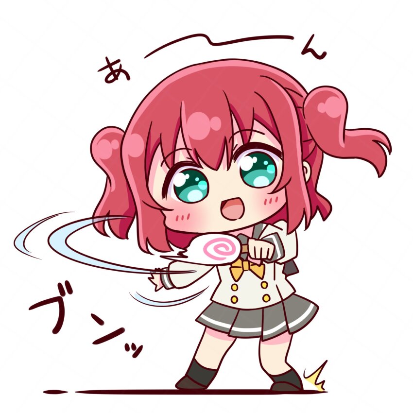 1girl :d ^^^ aqua_eyes black_socks blush bow bowtie brown_shoes buttons candy chibi chibi_only commentary_request double-breasted food full_body grey_sailor_collar grey_skirt highres holding holding_candy holding_food holding_lollipop kurosawa_ruby lollipop long_sleeves looking_at_viewer love_live! love_live!_sunshine!! medium_hair miniskirt motion_lines open_mouth pleated_skirt red_hair sailor_collar school_uniform serafuku shirt shoes simple_background skirt smear_frame smile socks solo sound_effects speed_lines standing suppii swirl_lollipop translation_request two_side_up uranohoshi_school_uniform white_background white_shirt winter_uniform yellow_bow yellow_bowtie