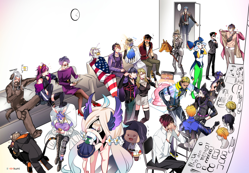 !? ... 404kumi 6+boys 6+girls adjusting_clothes aia_amare alban_knox american_flag animal_costume animal_ears april_fools armor aster_arcadia black_choker black_hair blonde_hair blue_hair breasts brown_hair cat_ears chair character_request chibi choker claude_clawmark cleavage clock closed_mouth cosplay costume_switch couch dog_costume doppio_dropscythe english_text enna_alouette fulgur_ovid full_body genderswap genderswap_(ftm) genderswap_(mtf) glasses grey_hair heart heater hex_haywire hex_haywire_(1st_costume) highres holding holding_phone ike_eveland ike_eveland_(1st_costume) krisis luca_kaneshiro magazine_(object) maria_marionette mascot_costume meloco_kyoran multicolored_hair multiple_boys multiple_girls nijisanji nijisanji_en open_door open_mouth petra_gurin petra_gurin_(3rd_costume) phone pink_hair purple_hair rabbit_ears red_hair rosemi_lovelock runescape scarle_yonaguni shirt shu_yamino sitting sleeveless sleeveless_shirt smile sonny_brisko spoken_ellipsis standing streaked_hair trembling uki_violeta under_covers undercut vantacrow_bringer ver_vermillion vezalius_bandage victoria_brightshield virtual_youtuber vox_akuma wig yu_q._wilson yugamin_(nijisanji)